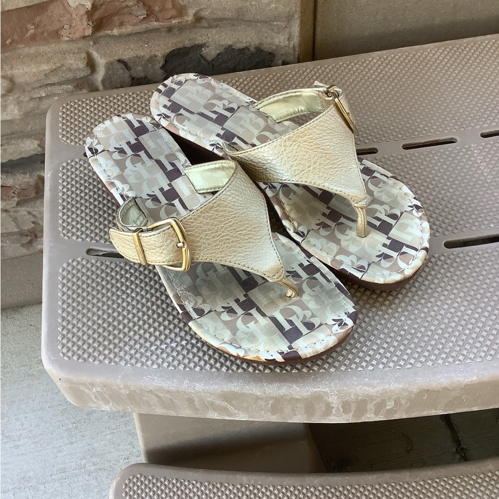 Beige and Gold Sandals with Logo Print